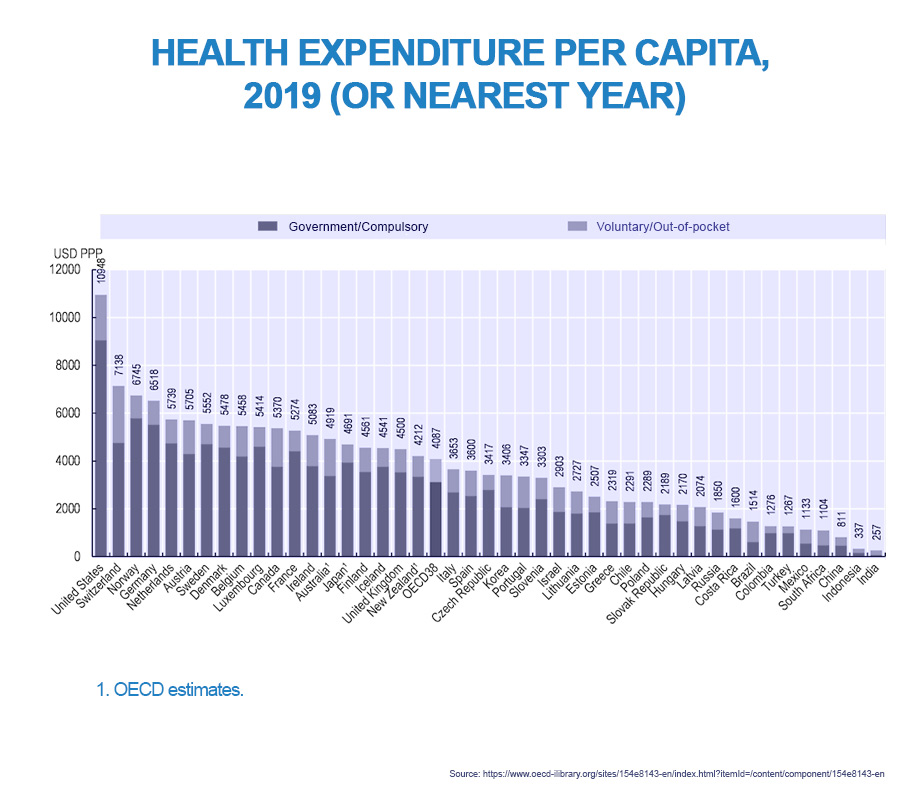 A stacked column graph of the health expenditure per capita by government and voluntary spending in 2019